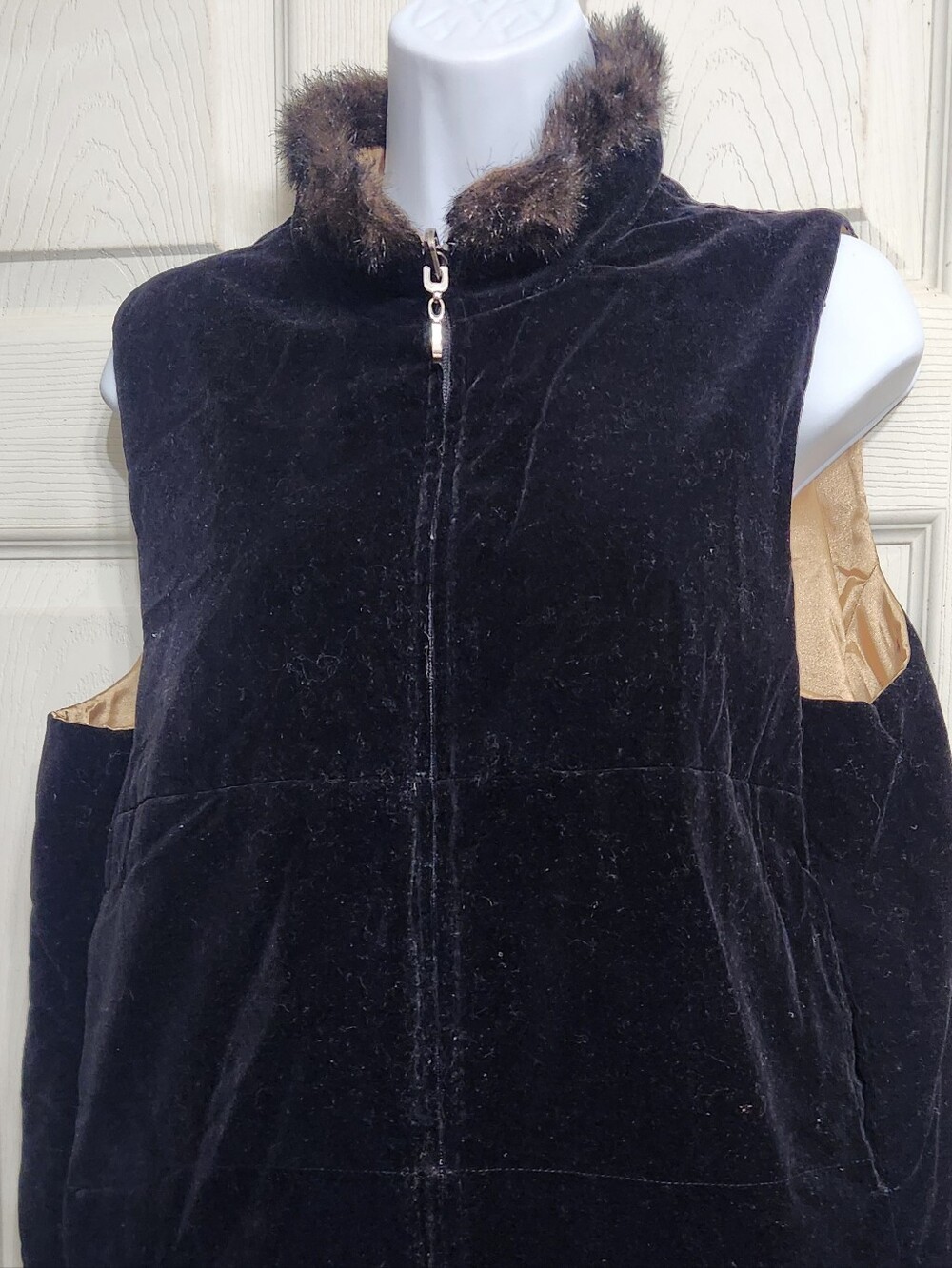 Susan Bristol Black Velvet Zip-Up Vest with Gold Lining